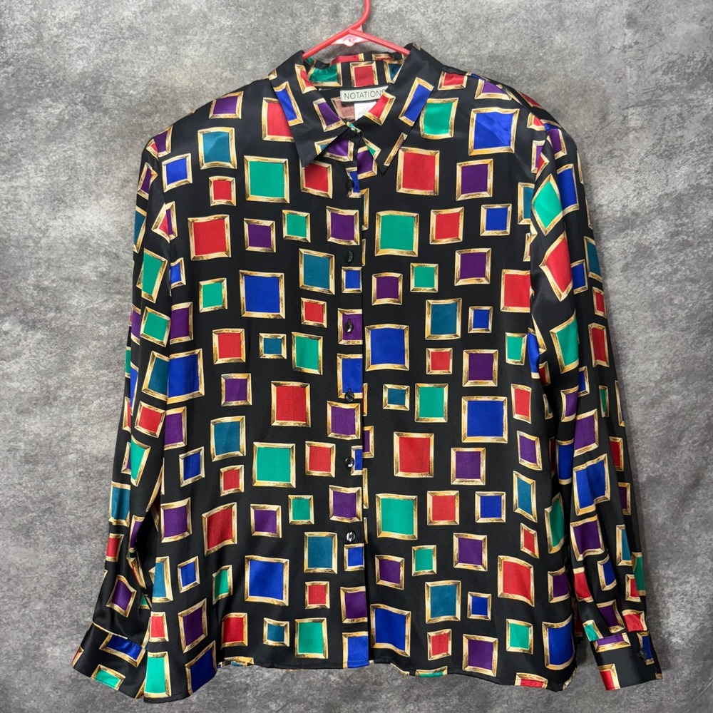 Notations Vintage 100% Silk Button Down Blouse XL Black Multicolor Square Print